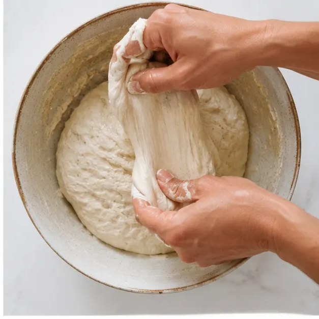 Step 2: Stretching and folding the cold-fermented dough to strengthen the gluten network