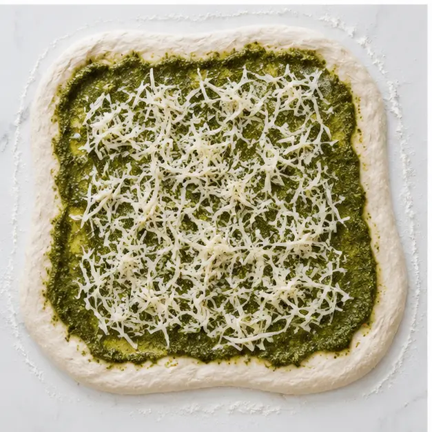 Step 3: Spreading bright green basil pesto and shredded parmesan across the flattened dough before the letter fold