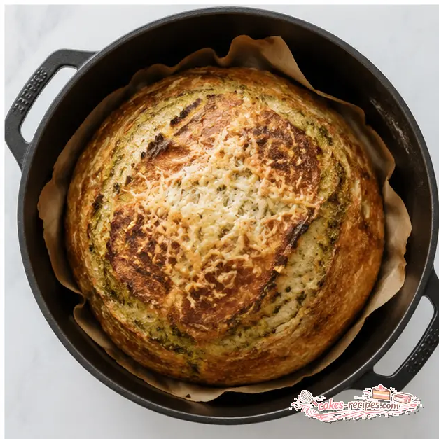 Step 4: Baking the scored round sourdough loaf in a preheated Dutch oven until golden with a melted parmesan crust