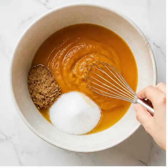 Step 1: Whisk pumpkin puree with sugars and oil