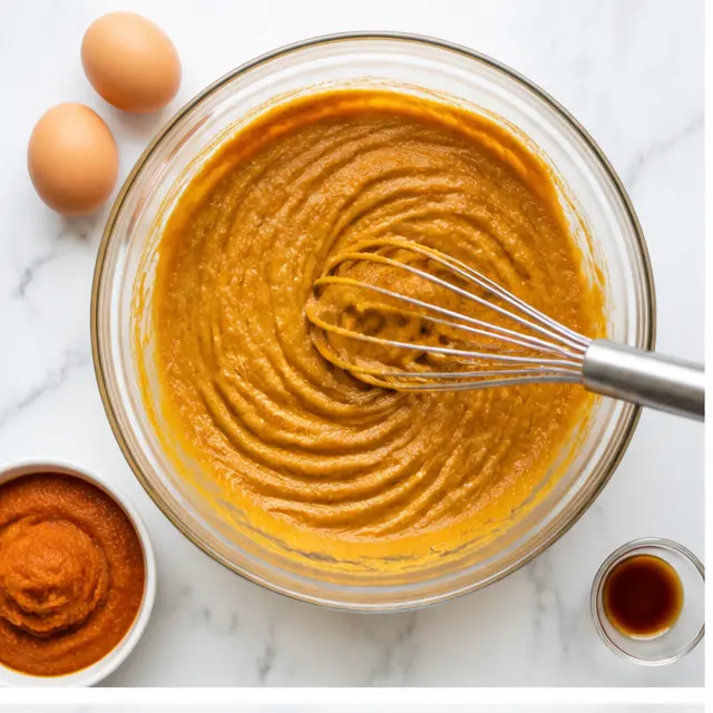 Step 1: whisking pumpkin puree, sugars, oil, eggs, vanilla, and sour cream into a smooth glossy batter