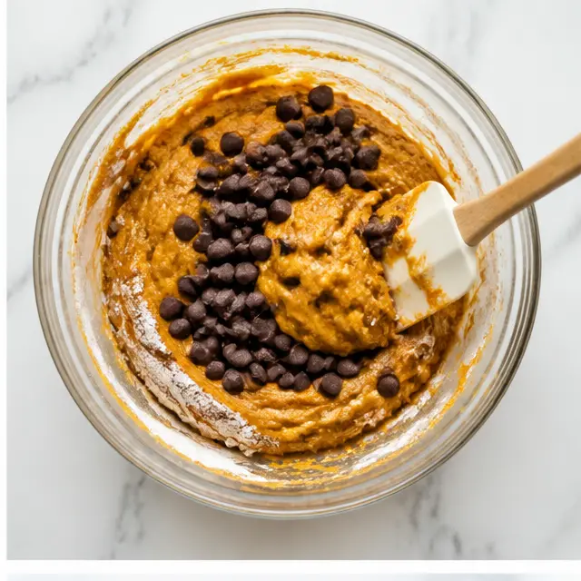 Step 2: folding semisweet chocolate chips into the batter with a rubber spatula until no dry flour remains