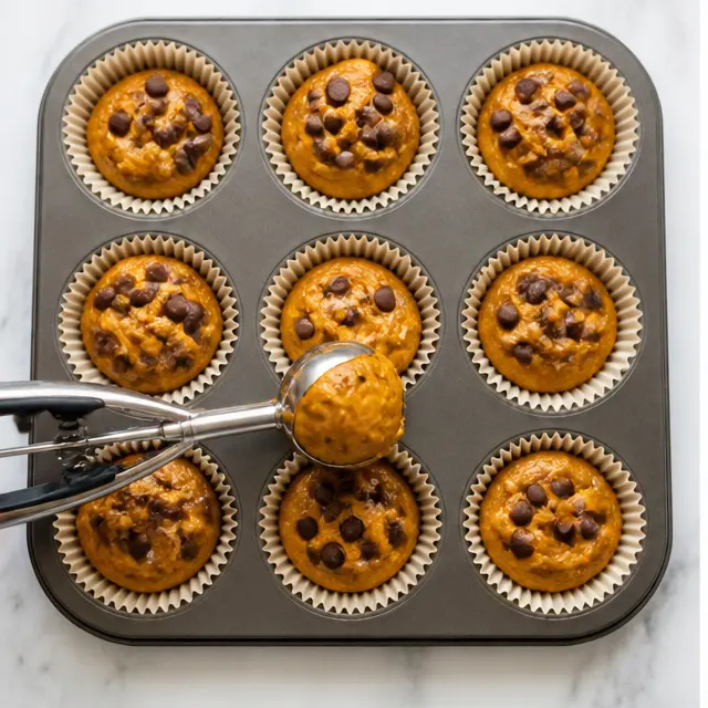 Step 3: filling paper-lined muffin cups to the top with a large cookie scoop and sprinkling extra chips