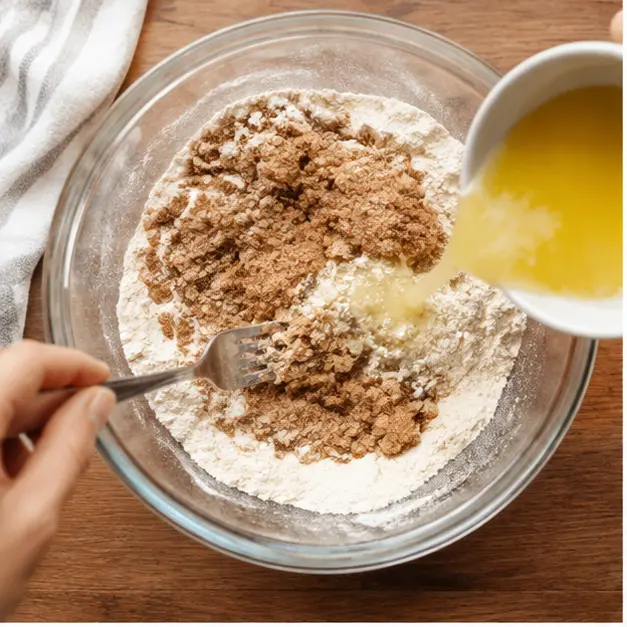 Step 1: Stir melted butter into flour, brown sugar, and cinnamon to form the streusel
