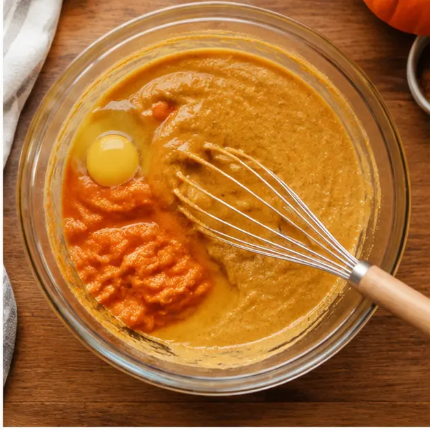 Step 2: Whisk eggs, vegetable oil, and pumpkin puree into the dry ingredients until just combined