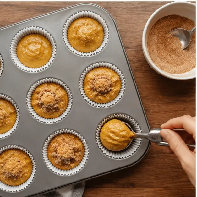 Step 3: Layer batter and cinnamon sugar in the muffin tin, then top with streusel