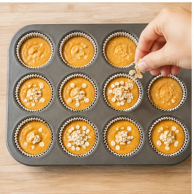 Step 3: Filling muffin cups and pressing oats on top