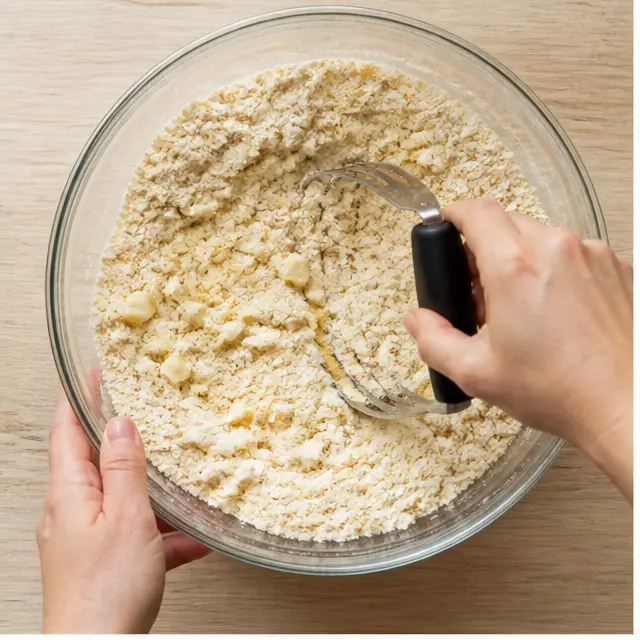 Cut cold butter cubes into the flour mixture until pea-size crumbs remain