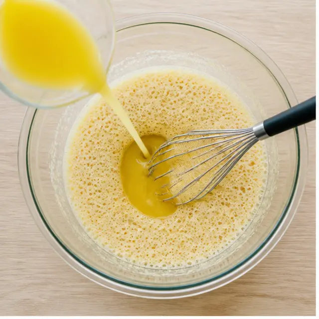 Whisk eggs and brown sugar with butter