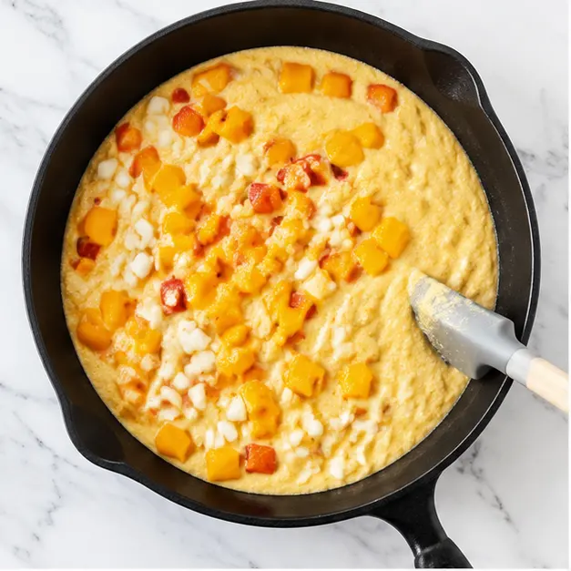 Step 1: Mixing and baking the cornbread with diced vegetables