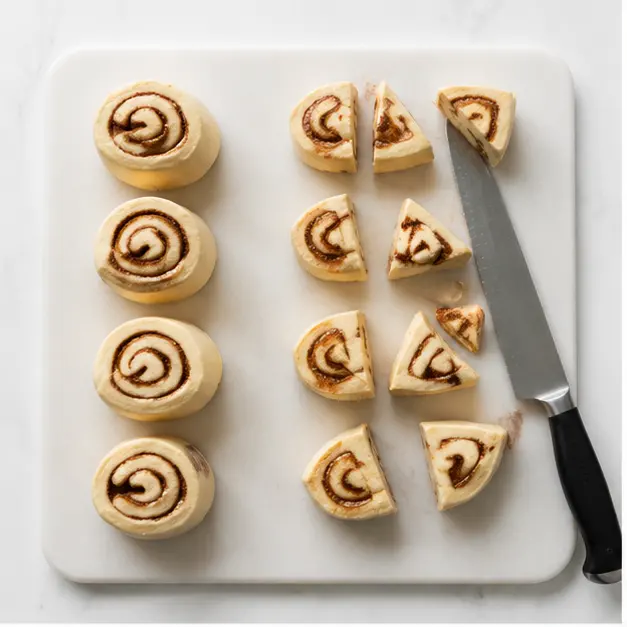 Step 1: Cutting each raw cinnamon roll into four even pieces so they bake evenly