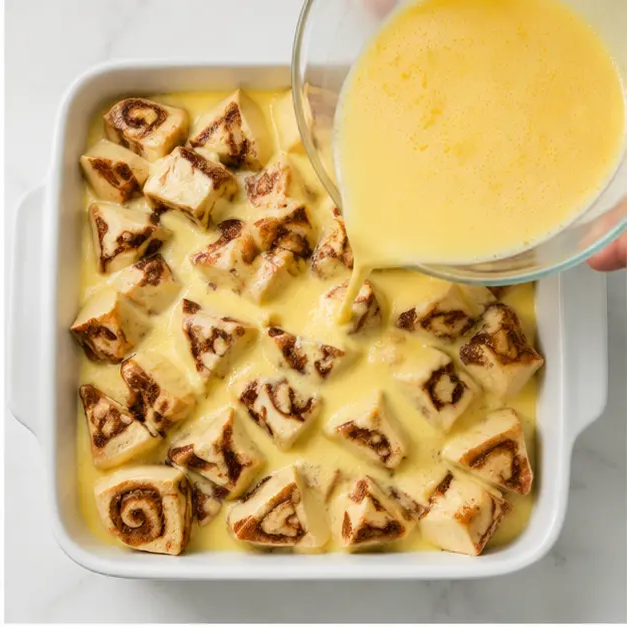 Step 2: Pouring the whisked egg custard evenly over the risen cinnamon roll pieces