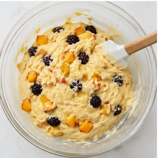 Step 3: Folding peaches and blackberries into the batter