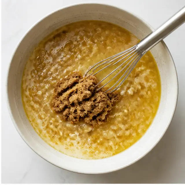 Whisk melted butter, milk, brown sugar, eggs, and vanilla extract into the banana mash