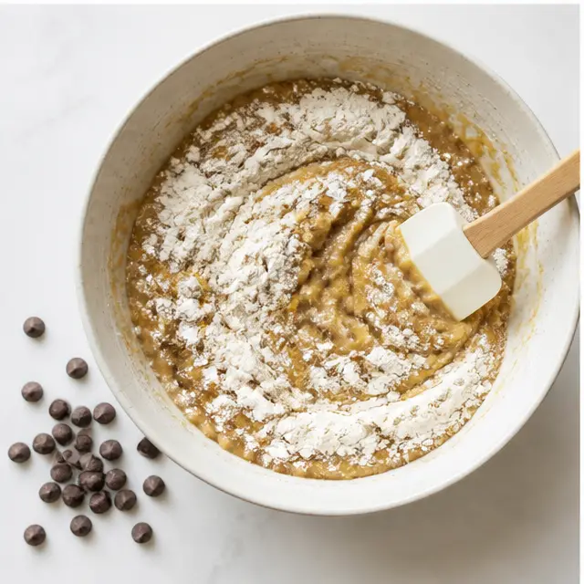 Fold all-purpose flour, baking soda, salt, and chocolate chips gently into the batter