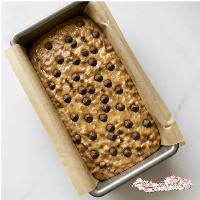 Scrape the batter into a parchment-lined loaf pan and sprinkle extra chocolate chips on top