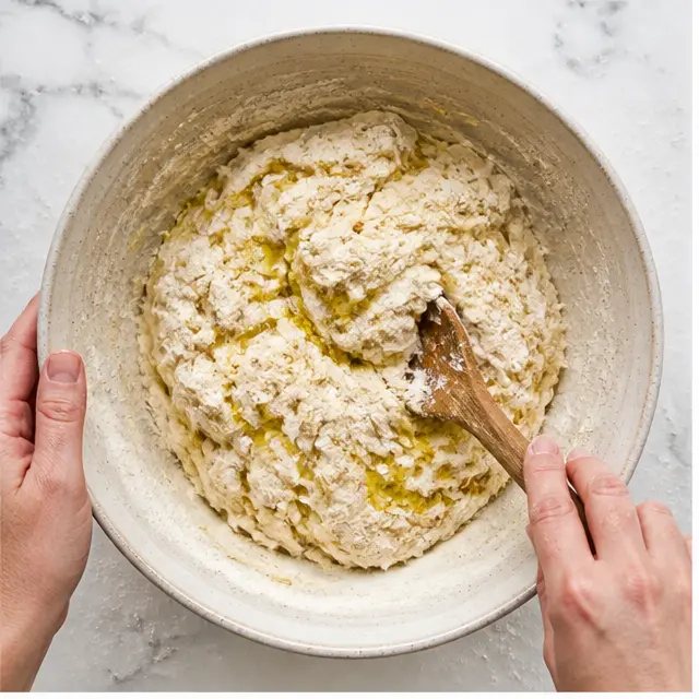 Step 1: Mixing the shaggy dough with discard and oil