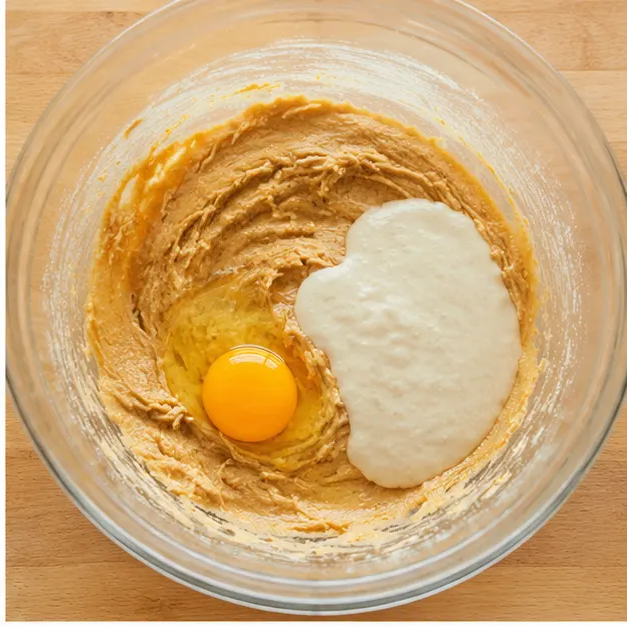 Mix in the egg, vanilla extract, and sourdough discard until mostly combined
