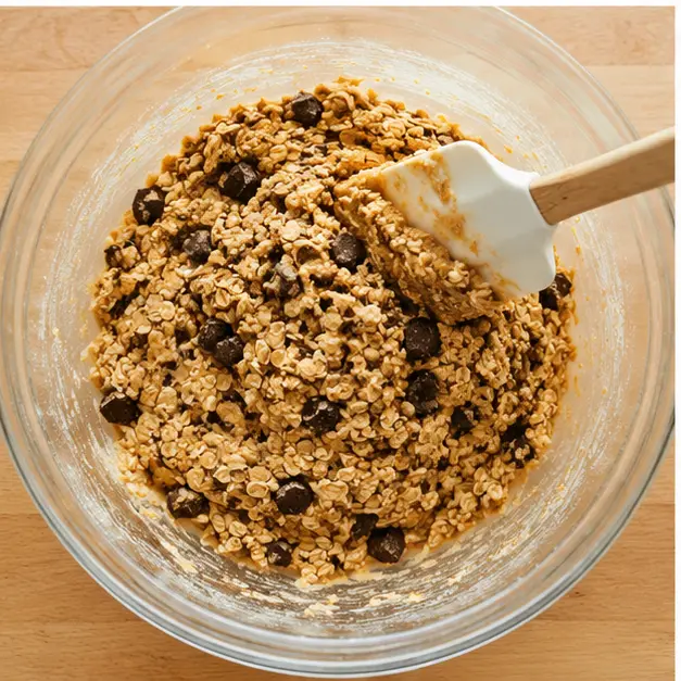 Fold in the flour mixture, old-fashioned oats, and chopped dark chocolate