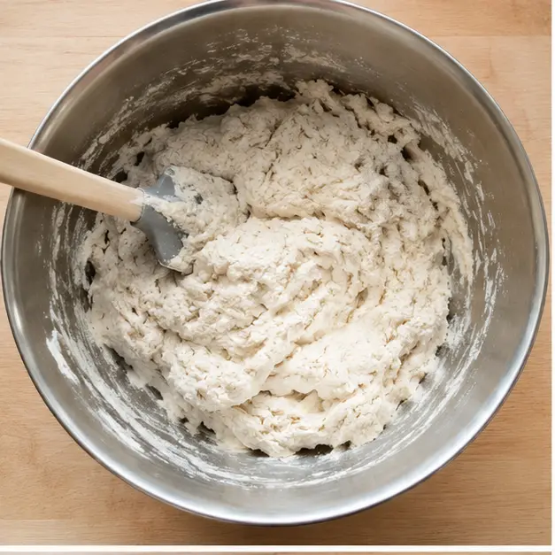 Step 1: stirring shaggy sticky wet dough with a spatula until no dry flour remains