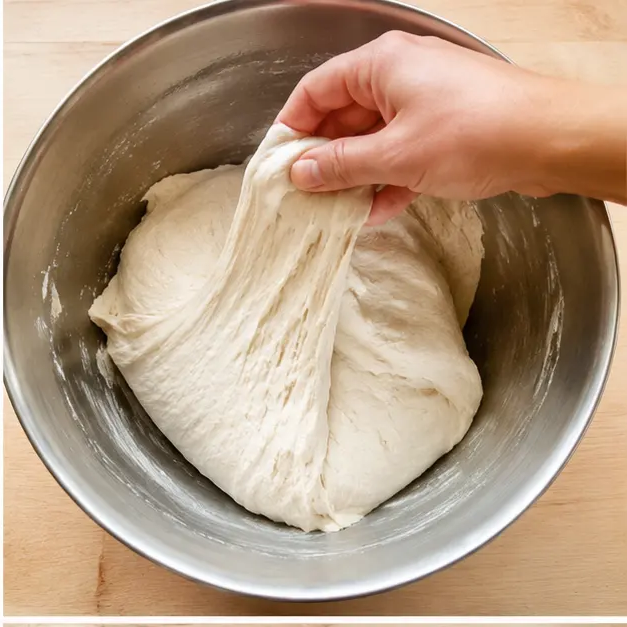 Step 2: performing one set of stretch and folds to strengthen the high hydration dough