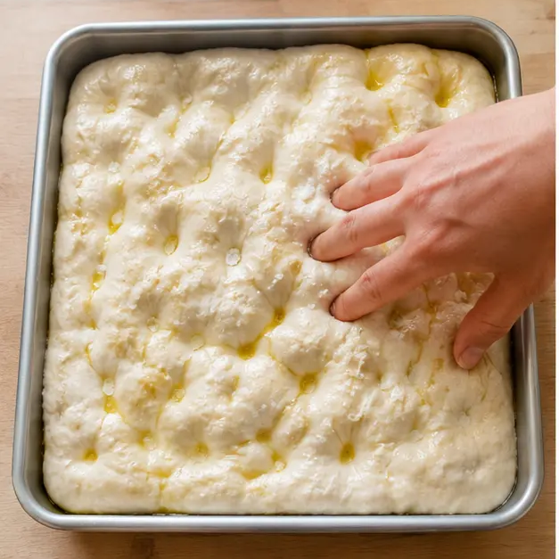 Step 3: dimpling puffy proofed dough in an oiled 9x13 metal pan before baking