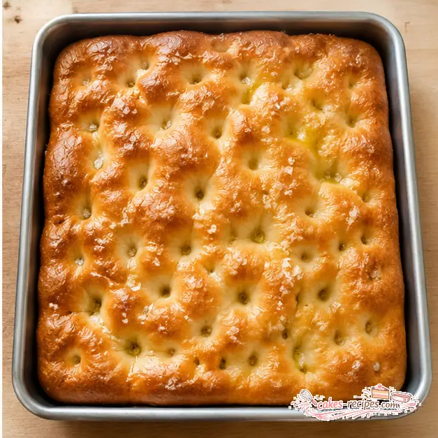 Step 4: baking golden brown focaccia with crispy edges and flaky sea salt until deep golden