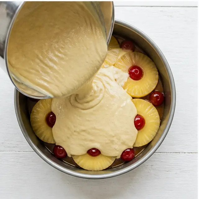 Pouring the sourdough cake batter over the fruit