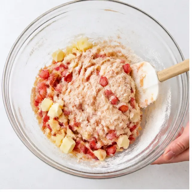 Step 1: Folding cold grated butter and diced strawberries into the baking mix