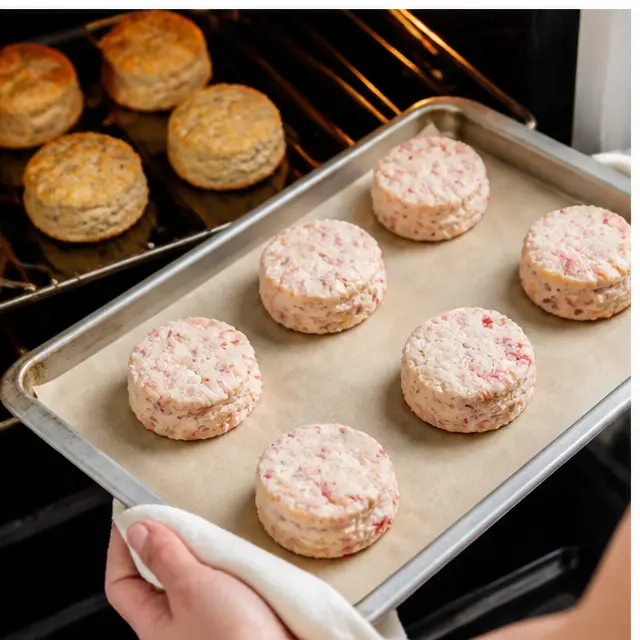 Step 3: Chilling the shaped biscuits on a parchment-lined baking sheet before baking
