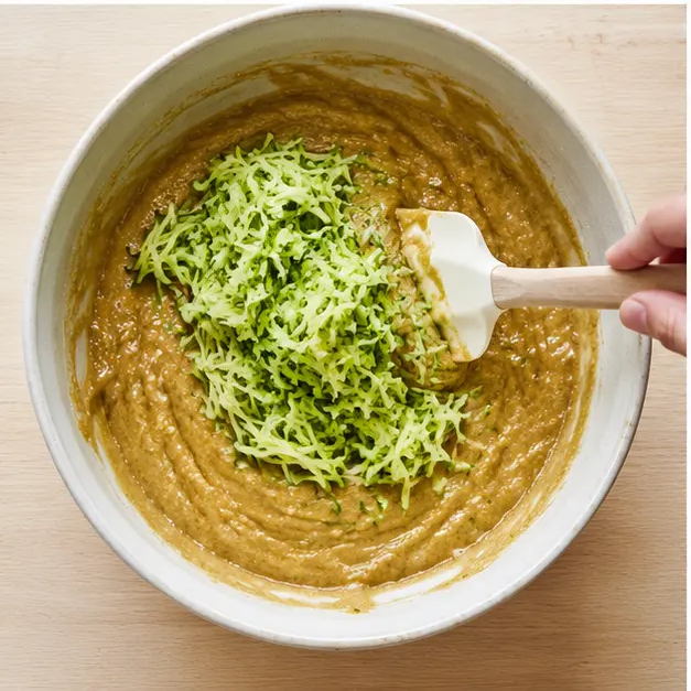 Folding grated zucchini into wet batter