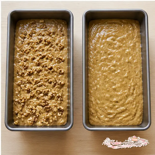 Pouring batter into prepared loaf pans