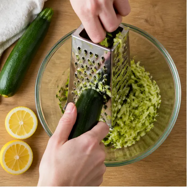 Grate fresh zucchini on a box grater and zest the lemons
