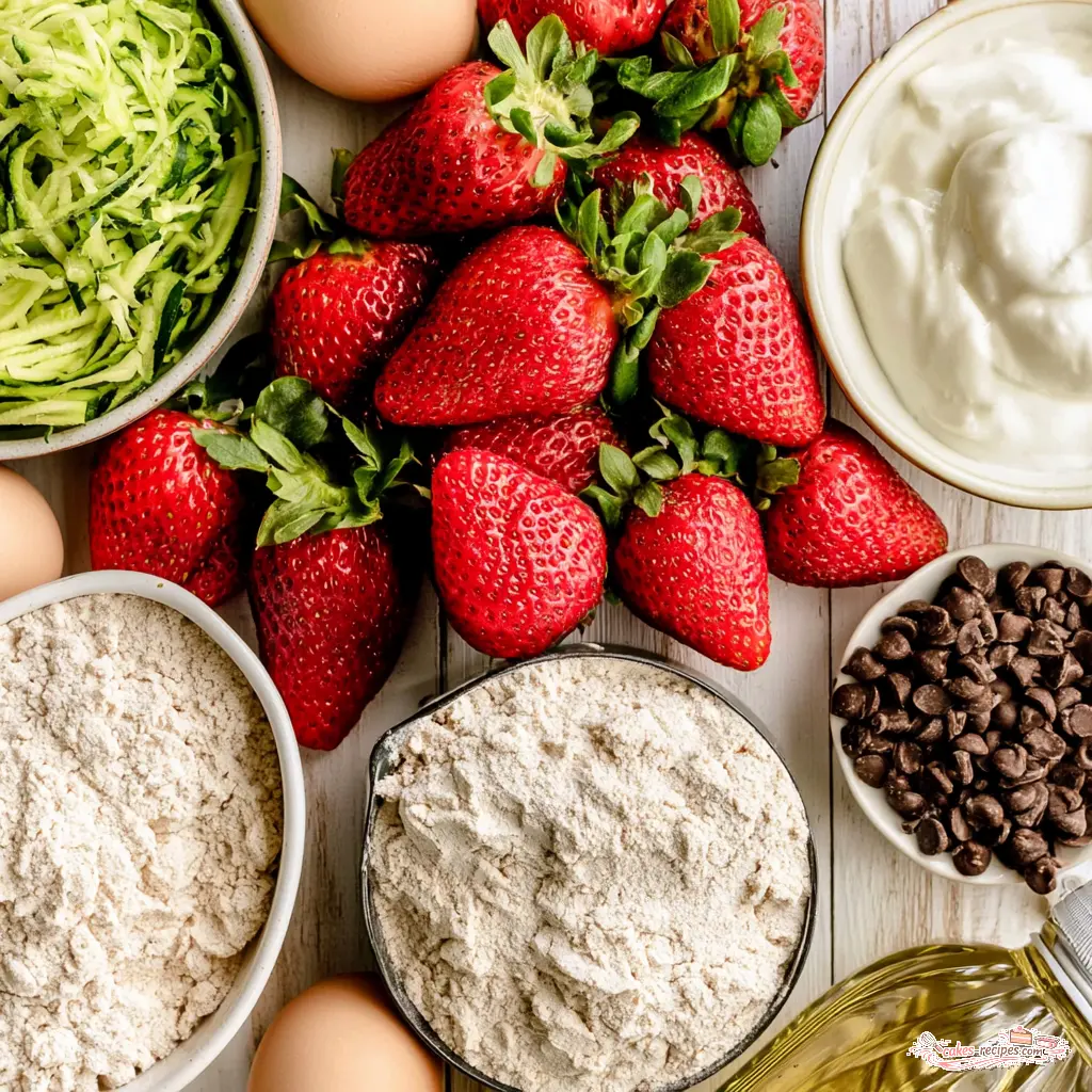 chocolate chip zucchini strawberry muffins - main ingredients