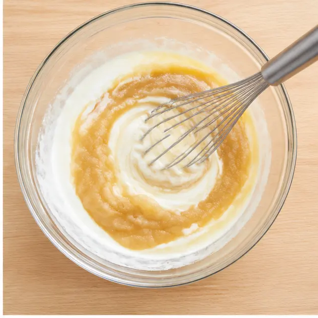 Whisking wet ingredients with vanilla and Greek yogurt until smooth