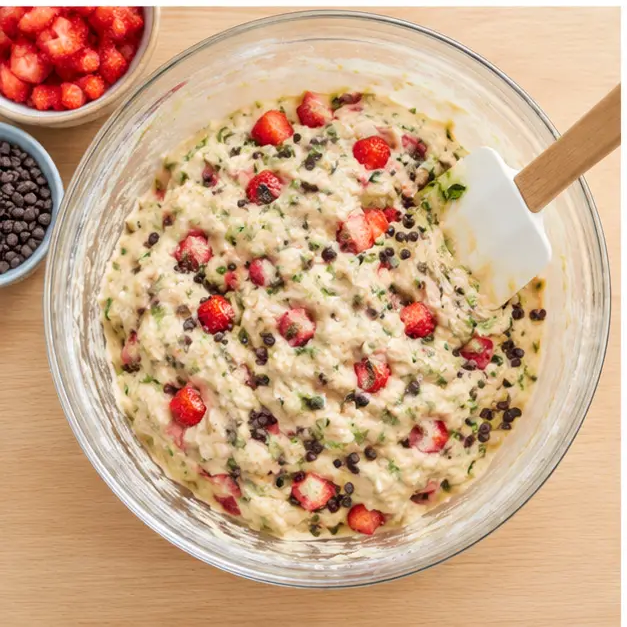 Folding strawberries, zucchini, and mini chocolate chips into thick batter