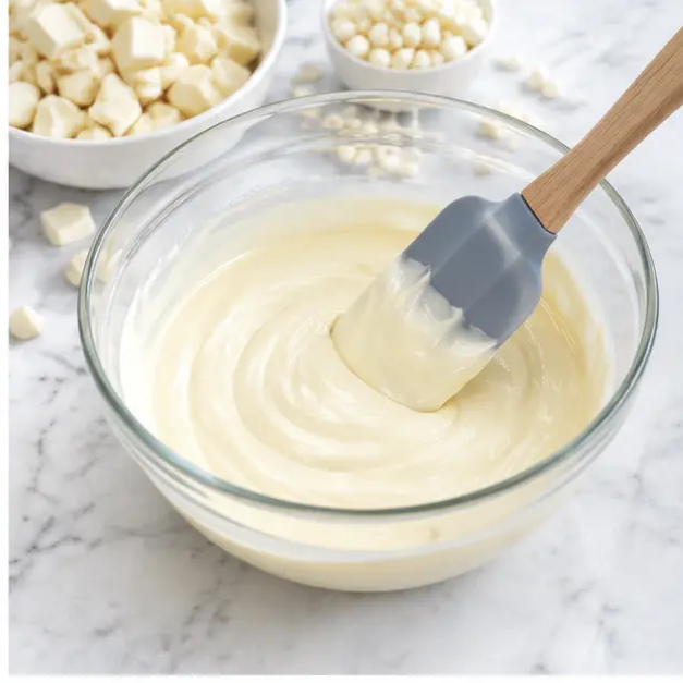Step 2: Stirring melted glossy white ganache in a glass bowl after microwaving chopped white candy melts and white chocolate chips with heavy cream