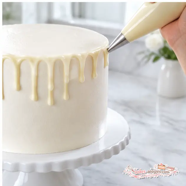 Step 4: Piping even white ganache drips down the side of the chilled white buttercream cake with a medium round piping tip