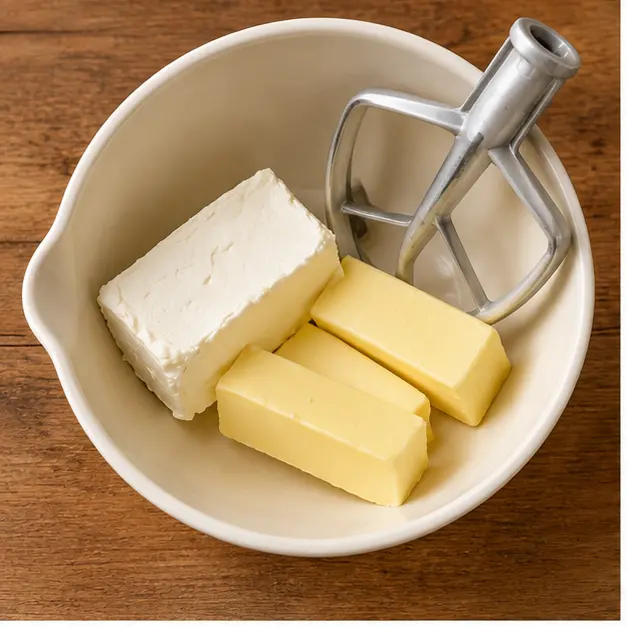 Step 1: Beat softened cream cheese and unsalted butter on high until light and fluffy