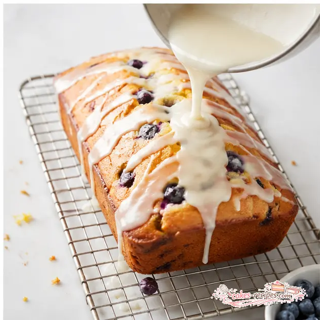 Step 4: Pouring white lemon glaze over the golden baked loaf