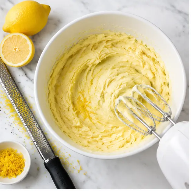 Step 1: Beat softened butter, oil, sugar and fresh lemon zest into a pale creamy batter