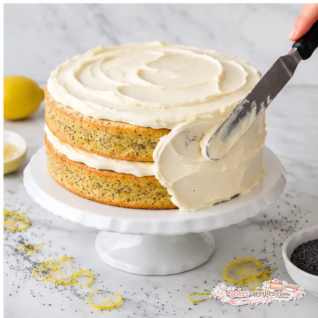 Step 4: Stack and frost the cooled cake layers on a white ceramic cake stand