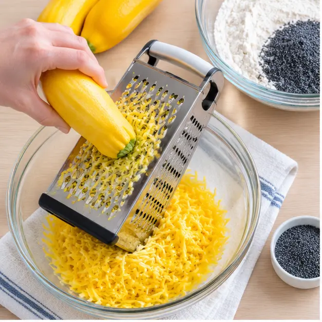 Shredding yellow squash and whisking dry ingredients with poppy seeds