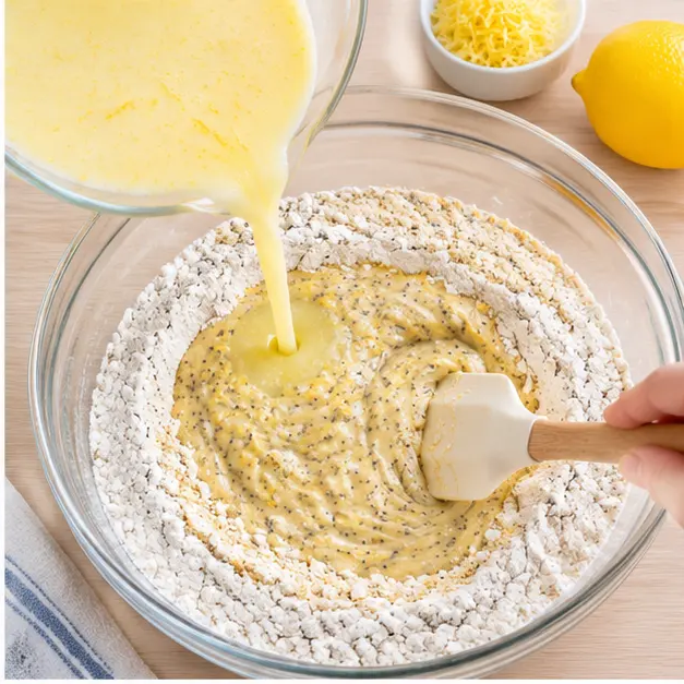 Pouring wet ingredients into a well and stirring gently until flour disappears