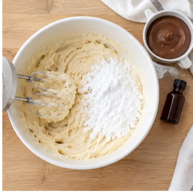 Step 2: blending powdered sugar and chocolate hazelnut spread into the butter in alternating additions