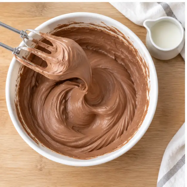 Step 3: whipping the glossy milk-chocolate brown frosting to a soft peak and loosening with half-and-half