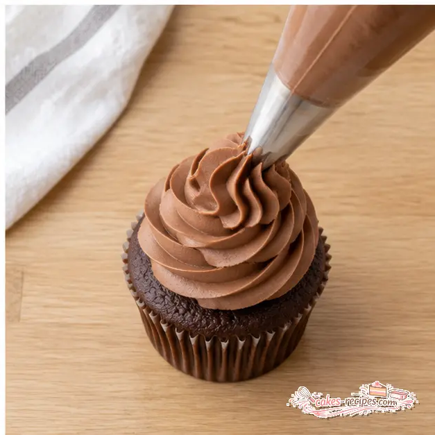 Step 4: piping a tall star-tip swirl of chocolate hazelnut buttercream onto a chocolate cupcake