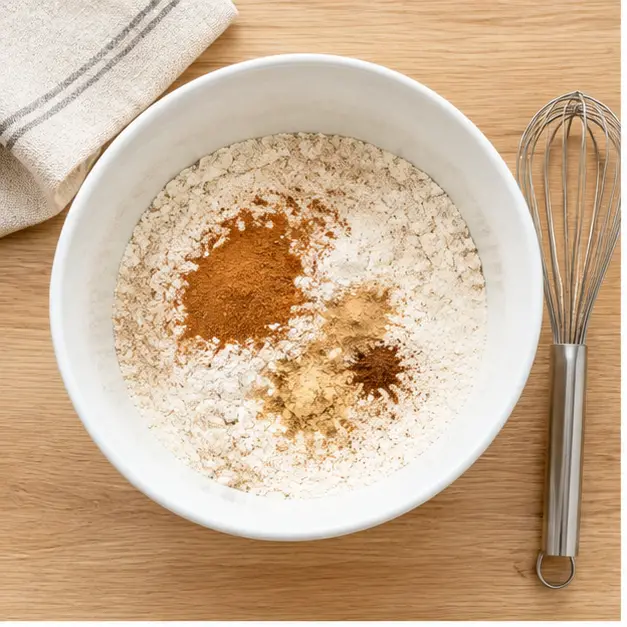 Step 1: Whisking all-purpose flour, baking powder, baking soda, salt, cinnamon, nutmeg, ginger and cloves together in a white bowl until the spices are evenly speckled through the flour