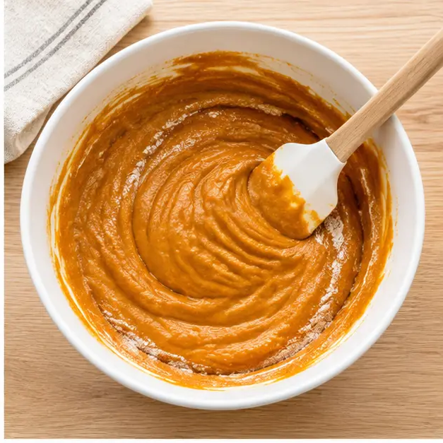 Step 2: Folding glossy orange pumpkin batter with a white spatula in a large bowl until just combined, then spreading it evenly into the parchment-lined white ceramic 9x13 pan