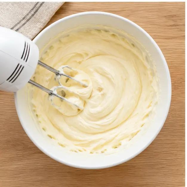 Step 3: Beating softened cream cheese, unsalted butter, vanilla extract and salt with an electric hand mixer until completely smooth and lump free before any powdered sugar goes in